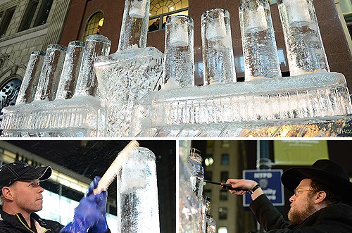 אטרקציה במנהטן: אלפים הגיעו לצפות בחנוכיה מקרח ● תיעוד
