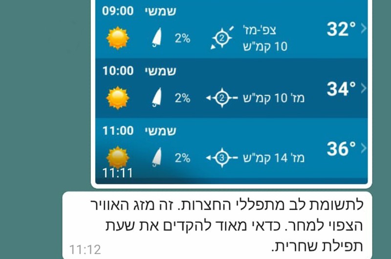 עקב עומסי החום: 'מנייני חצרות' מקדימים זמני התפילות 