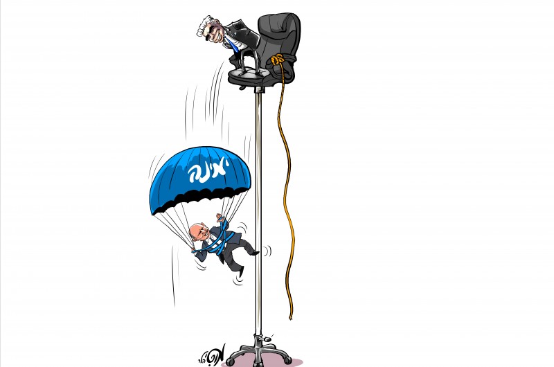 ברית אחים? יאיר לפיד ראש ממשלת המעבר ממרומי כסא השרד מחייך למראה ה'צניחה' של בנט מהפוליטיקה. במכחולו של האמן החרדי מוטי הלר