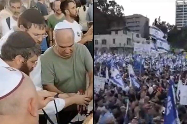 דוכני תפילין בהפגנת הענק של תומכי הרפורמה בלב תל אביב