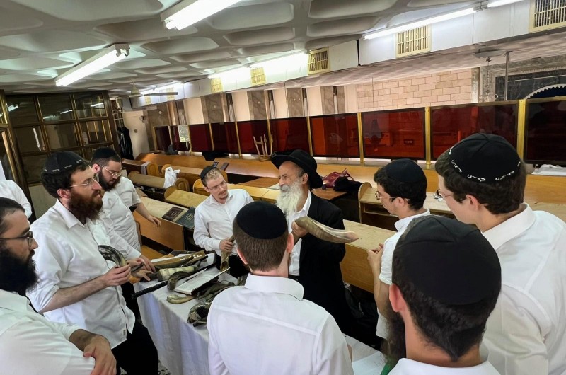 שליח הרבי ורב שכונות נאות יצחק וגבעת הזיתים בלוד - הרב נפתלי ועקנין, מסר שיעור בכשרות השופר וסוגי השופרות, יחד עם לימוד מעשי לתקיעת שופר כהלכה, בכולל 'תורה שלימה' בלוד בראשות הרב הלל מנחם גאז'