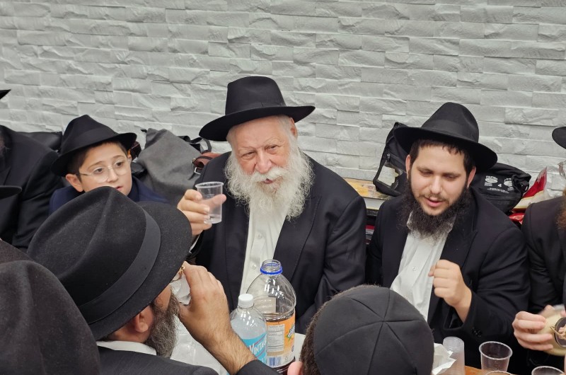 הרב בומי פרידלנד מתוועד לאחר תפילת שחרית ב-770, לרגל הנחת התפילין לנכדו. צילום: מנדי עקיבא, COL