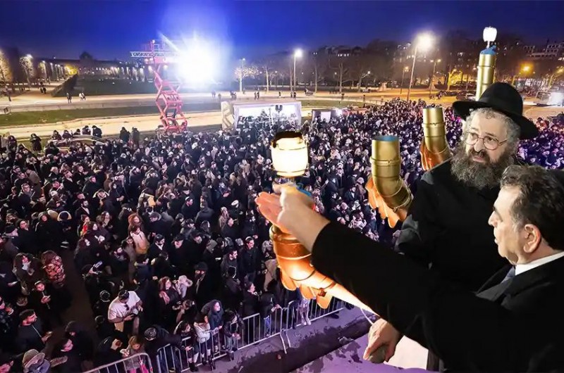גאון יעקב: חנוכיית ענק הודלקה מול מגדל אייפל עם אלפי יהודים