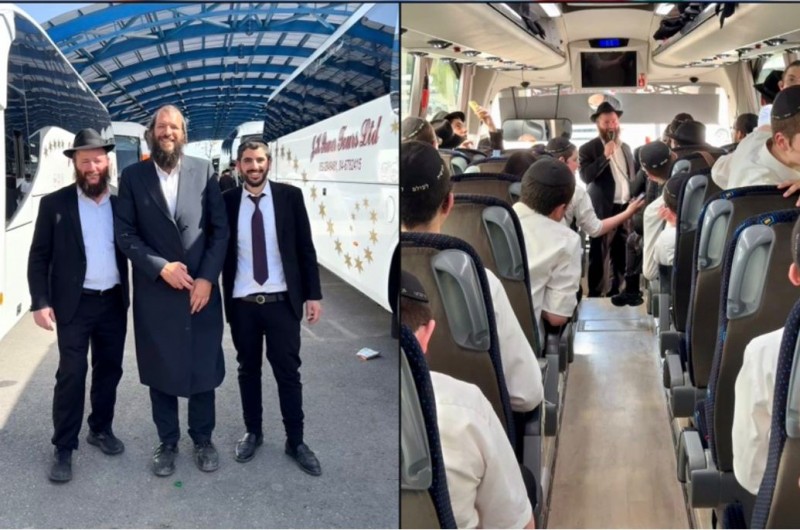 לקראת תום בין הזמנים: סגן ראש העיר צפת ר' שניאור ליפסקר, באיחול נסיעה טובה על האוטובוס, לתלמידי הישיבות מצפת שיצאו לטיול ב'אקווה כיף'